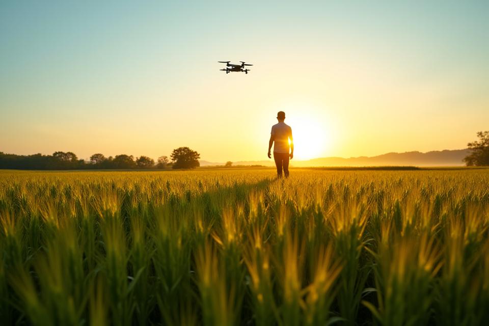 Farmer reviewing crops with drone overhead